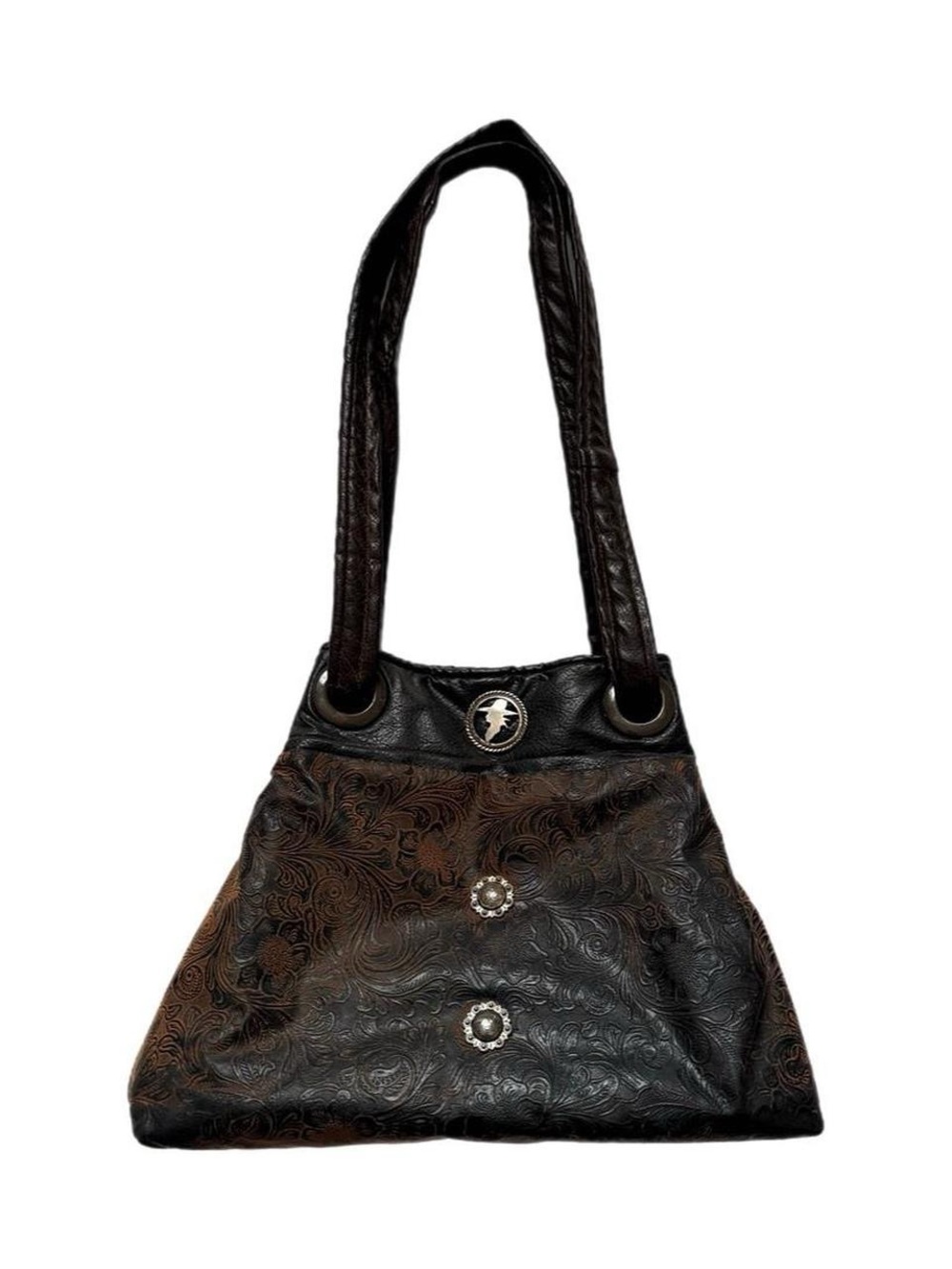 Embossed Paisley Print Dark Brown Faux Leather Western Style Shoulder Tote